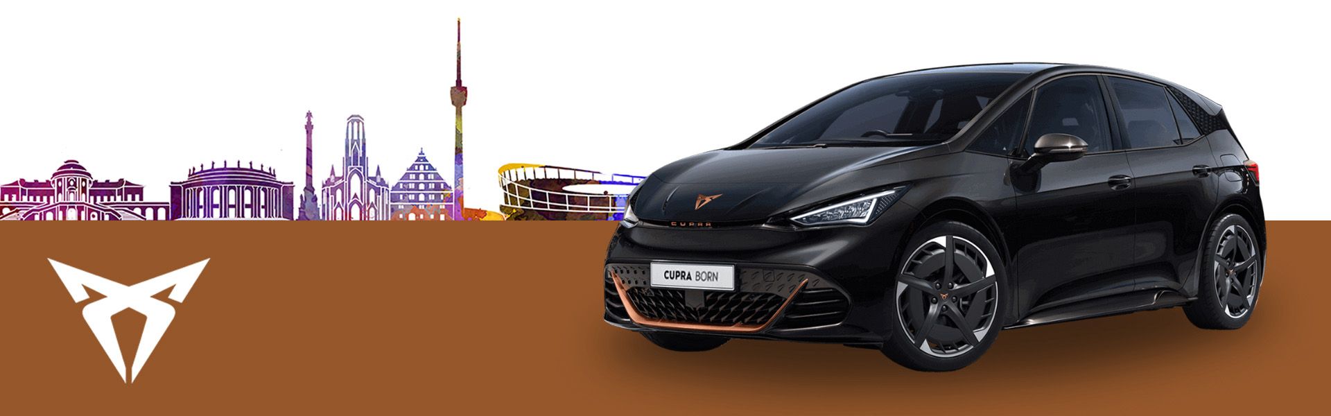 Cupra Born schwarz Front- und Seitenansicht 